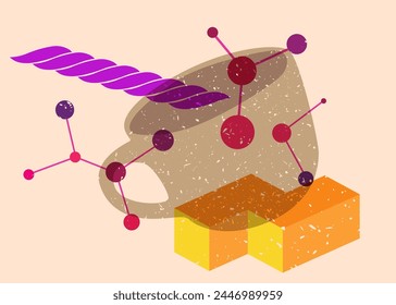 Risograph Coffee cup with geometric shapes. Objects in trendy riso graph print texture style design with geometry elements.