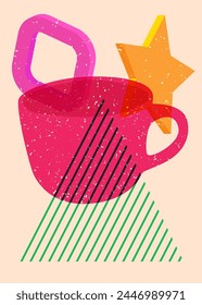 Risograph Coffee cup with geometric shapes. Objects in trendy riso graph print texture style design with geometry elements.