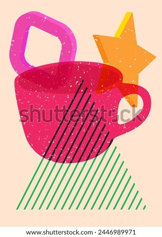 Risograph Coffee cup with geometric shapes. Objects in trendy riso graph print texture style design with geometry elements.