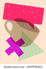 Risograph Coffee cup with speech bubble with geometric shapes. Objects in trendy riso graph print texture style design with geometry elements.