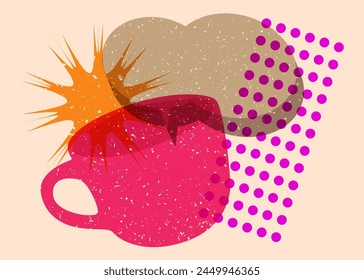 Risograph Coffee cup with speech bubble with geometric shapes. Objects in trendy riso graph print texture style design with geometry elements.