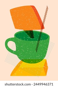 Risograph Coffee cup with speech bubble with geometric shapes. Objects in trendy riso graph print texture style design with geometry elements.