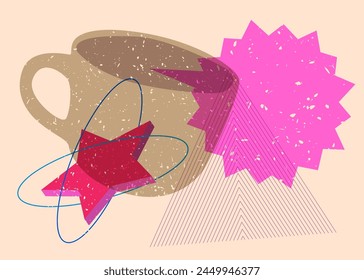 Risograph Coffee cup with speech bubble with geometric shapes. Objects in trendy riso graph print texture style design with geometry elements.