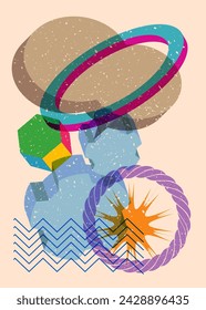 Risograph Cogwheel with speech bubble with geometric shapes. Gear in trendy riso graph print texture style design with geometry elements.