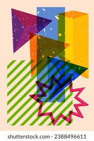 Risograph colorful geometric shapes. Object in trendy riso graph design. Geometry elements abstract print texture style.