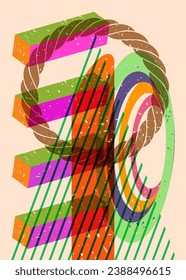 Risograph colorful geometric shapes. Object in trendy riso graph design. Geometry elements abstract print texture style.