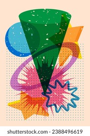 Risograph colorful geometric shapes. Object in trendy riso graph design. Geometry elements abstract print texture style.
