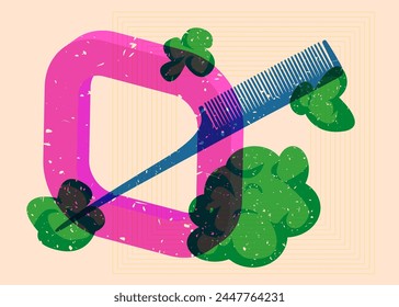 Risograph comb with geometric shapes. Objects in trendy riso graph print texture style design with geometry elements.