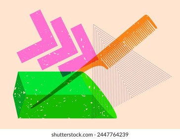 Risograph comb with geometric shapes. Objects in trendy riso graph print texture style design with geometry elements.