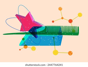 Risograph comb with geometric shapes. Objects in trendy riso graph print texture style design with geometry elements.