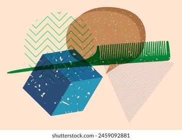 Risograph comb with speech bubble with geometric shapes. Objects in trendy riso graph print texture style design with geometry elements.