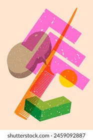 Risograph comb with speech bubble with geometric shapes. Objects in trendy riso graph print texture style design with geometry elements.