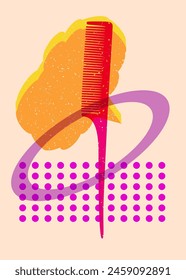 Risograph comb with speech bubble with geometric shapes. Objects in trendy riso graph print texture style design with geometry elements.