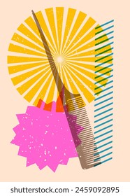 Risograph comb with speech bubble with geometric shapes. Objects in trendy riso graph print texture style design with geometry elements.