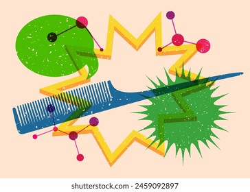 Risograph comb with speech bubble with geometric shapes. Objects in trendy riso graph print texture style design with geometry elements.