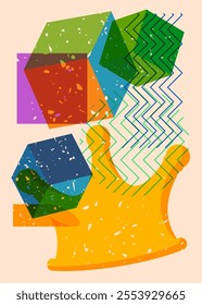 Risograph Crown with geometric shapes. Objects in trendy riso graph print texture style design with geometry elements.