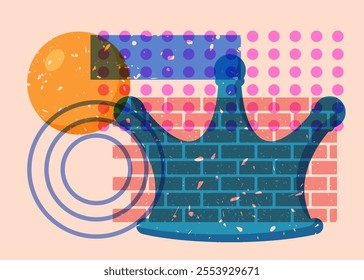 Risograph Crown with geometric shapes. Objects in trendy riso graph print texture style design with geometry elements.