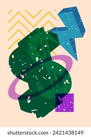 Risograph Dollar Sign with geometric shapes. Objects in trendy riso graph print texture style design with geometry elements.