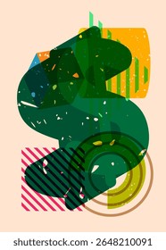 Risograph Dollar Sign with geometric shapes. Objects in trendy riso graph print texture style design with geometry elements.