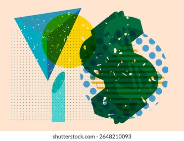 Risograph Dollar Sign com formas geométricas. Objetos no design de estilo de textura de impressão de gráfico riso moderno com elementos de geometria.
