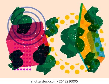 Risograph Dollar Sign with geometric shapes. Objects in trendy riso graph print texture style design with geometry elements.