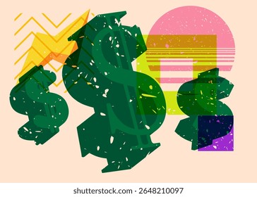 Risograph Dollar Sign with geometric shapes. Objects in trendy riso graph print texture style design with geometry elements.