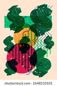 Risograph Dollar Sign com formas geométricas. Objetos no design de estilo de textura de impressão de gráfico riso moderno com elementos de geometria.