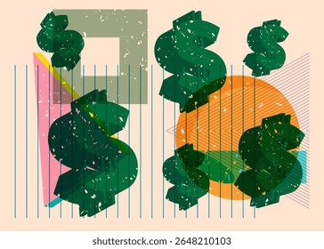 Risograph Dollar Sign com formas geométricas. Objetos no design de estilo de textura de impressão de gráfico riso moderno com elementos de geometria.