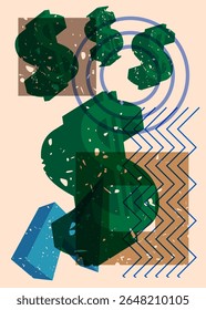 Risograph Dollar Sign com formas geométricas. Objetos no design de estilo de textura de impressão de gráfico riso moderno com elementos de geometria.