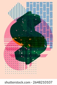 Risograph Dollar Sign com formas geométricas. Objetos no design de estilo de textura de impressão de gráfico riso moderno com elementos de geometria.