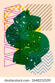Risograph Dollar Sign com formas geométricas. Objetos no design de estilo de textura de impressão de gráfico riso moderno com elementos de geometria.