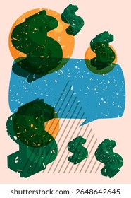 Risograph Dollar Sign with speech bubble with geometric shapes. Objects in trendy riso graph print texture style design with geometry elements.