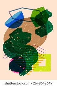 Risograph Dollar Sign com balão de fala com formas geométricas. Objetos no design de estilo de textura de impressão de gráfico riso moderno com elementos de geometria.