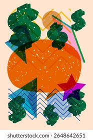 Risograph Dollar Sign com balão de fala com formas geométricas. Objetos no design de estilo de textura de impressão de gráfico riso moderno com elementos de geometria.