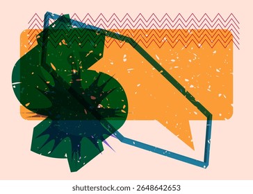 Risograph Dollar Sign com balão de fala com formas geométricas. Objetos no design de estilo de textura de impressão de gráfico riso moderno com elementos de geometria.