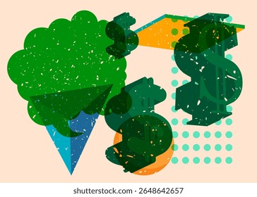 Risograph Dollar Sign com balão de fala com formas geométricas. Objetos no design de estilo de textura de impressão de gráfico riso moderno com elementos de geometria.