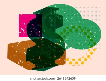 Risograph Dollar Sign with speech bubble with geometric shapes. Objects in trendy riso graph print texture style design with geometry elements.
