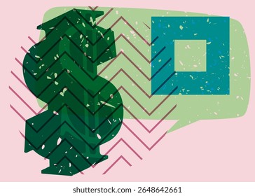 Risograph Dollar Sign with speech bubble with geometric shapes. Objects in trendy riso graph print texture style design with geometry elements.