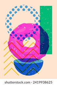 Risograph Doughnut with geometric shapes. Objects in trendy riso graph print texture style design with geometry elements.