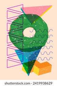 Risograph Doughnut with geometric shapes. Objects in trendy riso graph print texture style design with geometry elements.