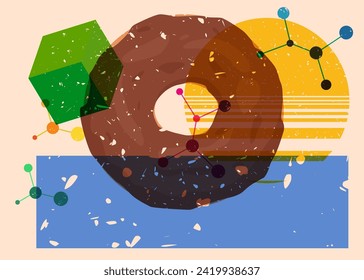 Risograph Doughnut with geometric shapes. Objects in trendy riso graph print texture style design with geometry elements.