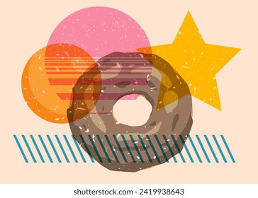 Risograph Doughnut with geometric shapes. Objects in trendy riso graph print texture style design with geometry elements.
