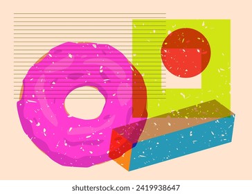 Risograph Doughnut with geometric shapes. Objects in trendy riso graph print texture style design with geometry elements.