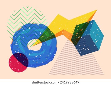 Risograph Doughnut with geometric shapes. Objects in trendy riso graph print texture style design with geometry elements.