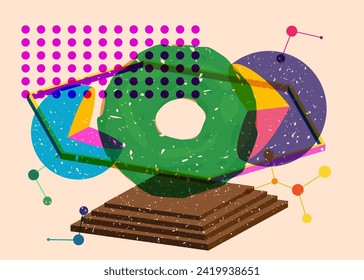 Risograph Doughnut with geometric shapes. Objects in trendy riso graph print texture style design with geometry elements.