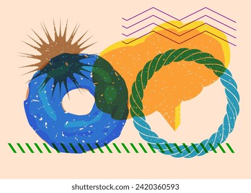 Risograph Doughnut, Sweet Food with speech bubble with geometric shapes. Dessert in trendy riso graph print texture style design with geometry elements.