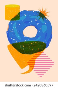 Risograph Doughnut, Sweet Food with speech bubble with geometric shapes. Dessert in trendy riso graph print texture style design with geometry elements.