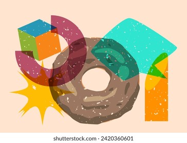 Risograph Doughnut, Sweet Food with speech bubble with geometric shapes. Dessert in trendy riso graph print texture style design with geometry elements.