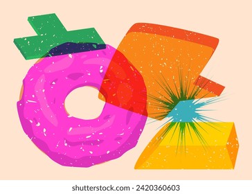 Risograph Doughnut, Sweet Food with speech bubble with geometric shapes. Dessert in trendy riso graph print texture style design with geometry elements.