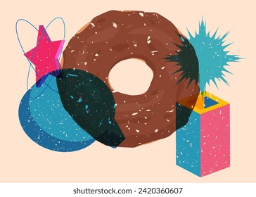 Risograph Doughnut, Sweet Food with speech bubble with geometric shapes. Dessert in trendy riso graph print texture style design with geometry elements.